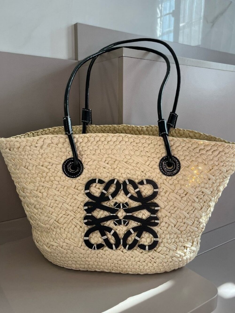 Loewe Natural Straw Anagram Tote with Black Leather Accents